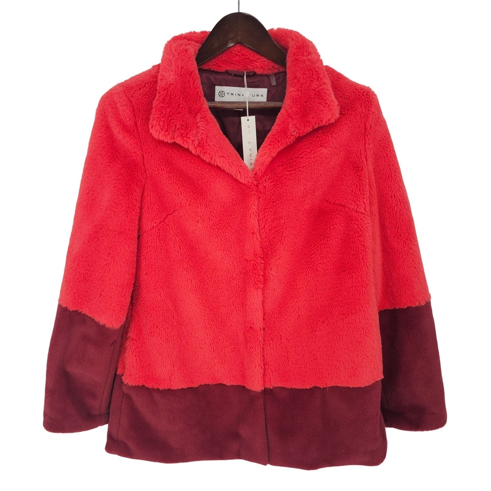 Trina Turk Faux Fur Colorblock Jacket Coral‎ Burgundy Wine S/P New Elegant Chic